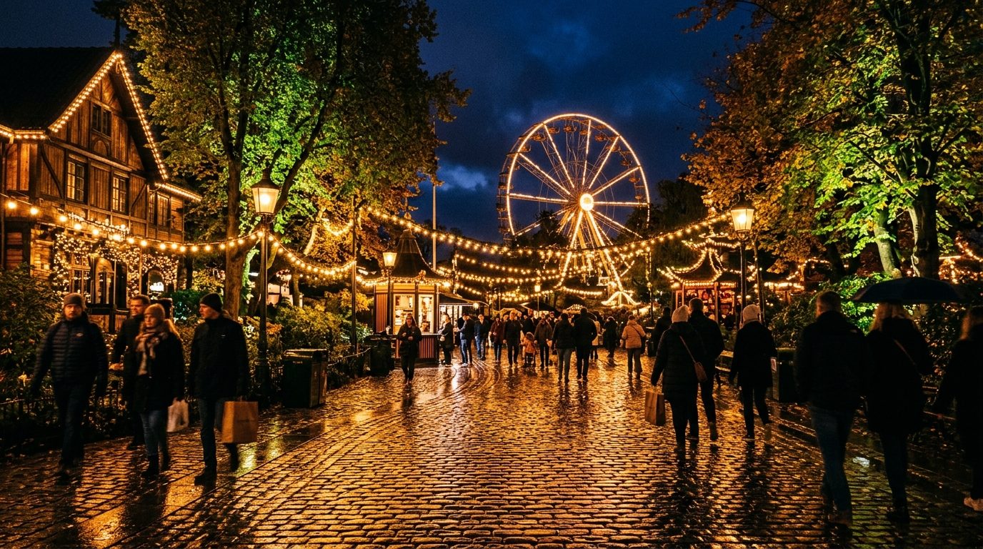 Tivoli Gardens at night with glowing lanterns